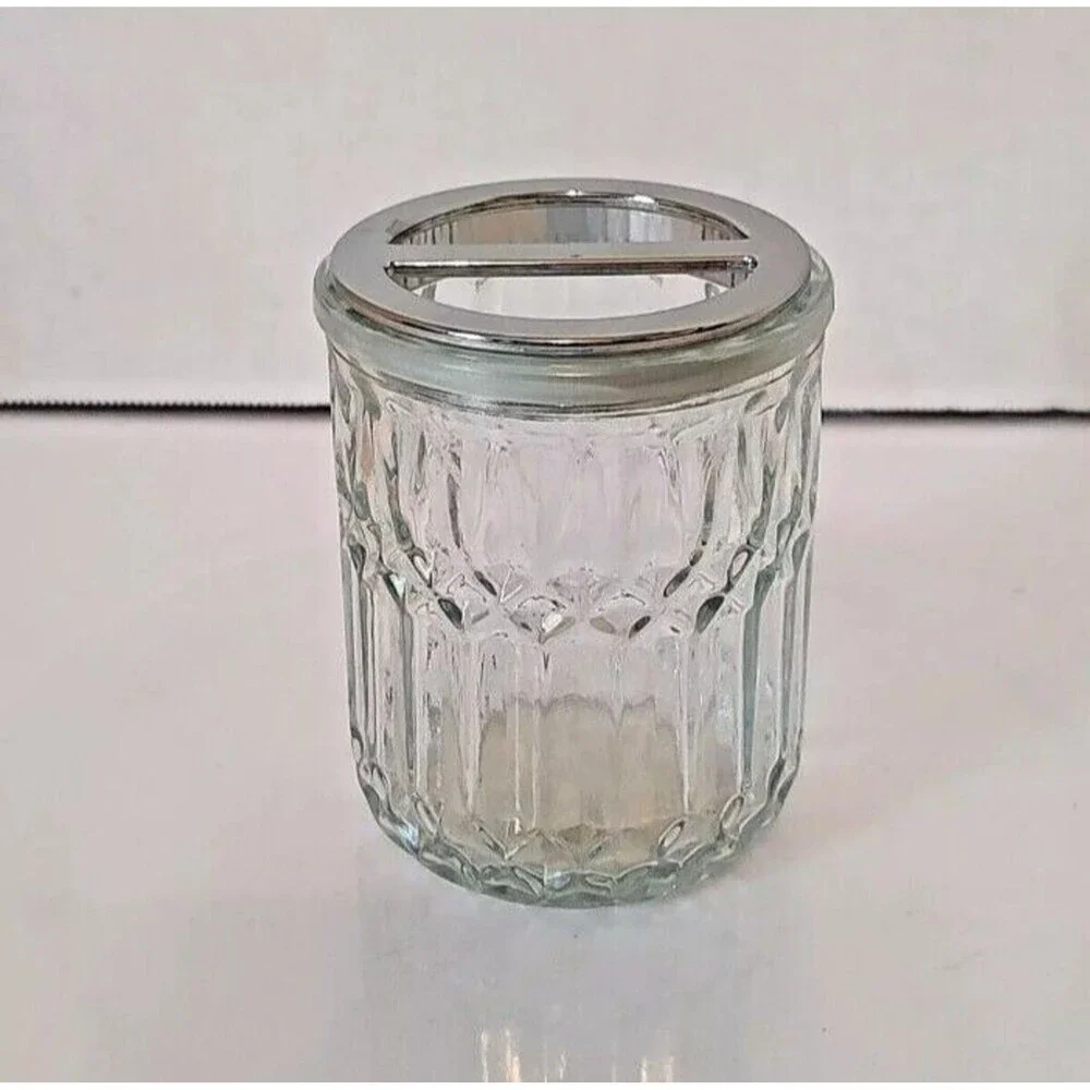 Comfort Bay Decorative Sculpted Glass Toothbrush Holder Removable Silver Lid New
